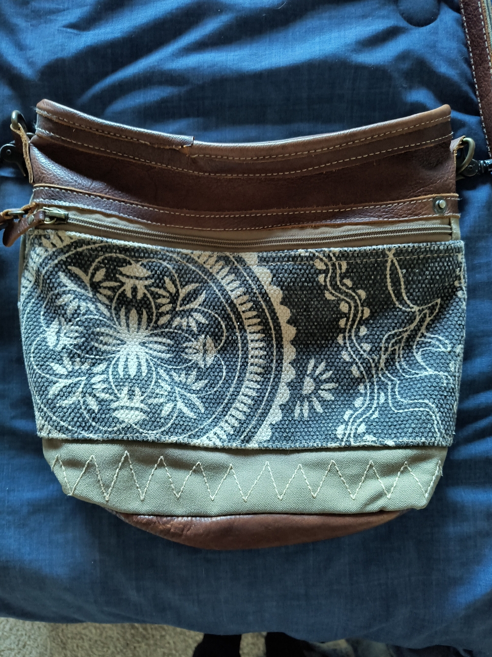 Myra Bag Boho Textile & Leather Crossbody Bag in Brown and Blue